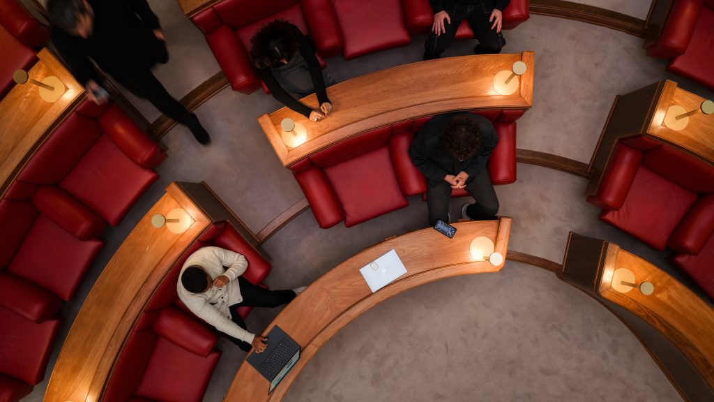 Breathtaking aerial view of the circular theatre-in-the-round layout at Hornsey Town Hall Council Chamber, a unique historic event space