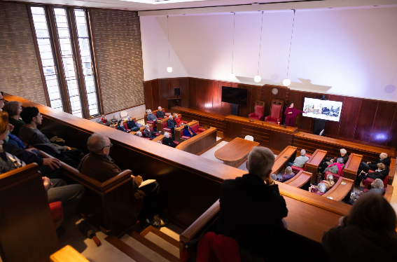 Guests seated in the historic Council Chamber at Hornsey Town Hall, an atmospheric venue hire for conferences and lectures in London