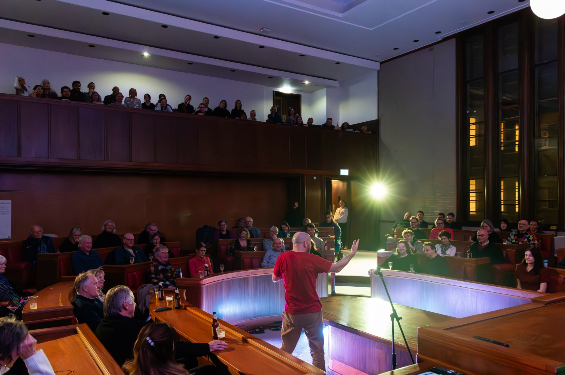 Council Chamber at Hornsey Town Hall transformed with dramatic stage lighting for an evening performance, bookable via Conveenie
