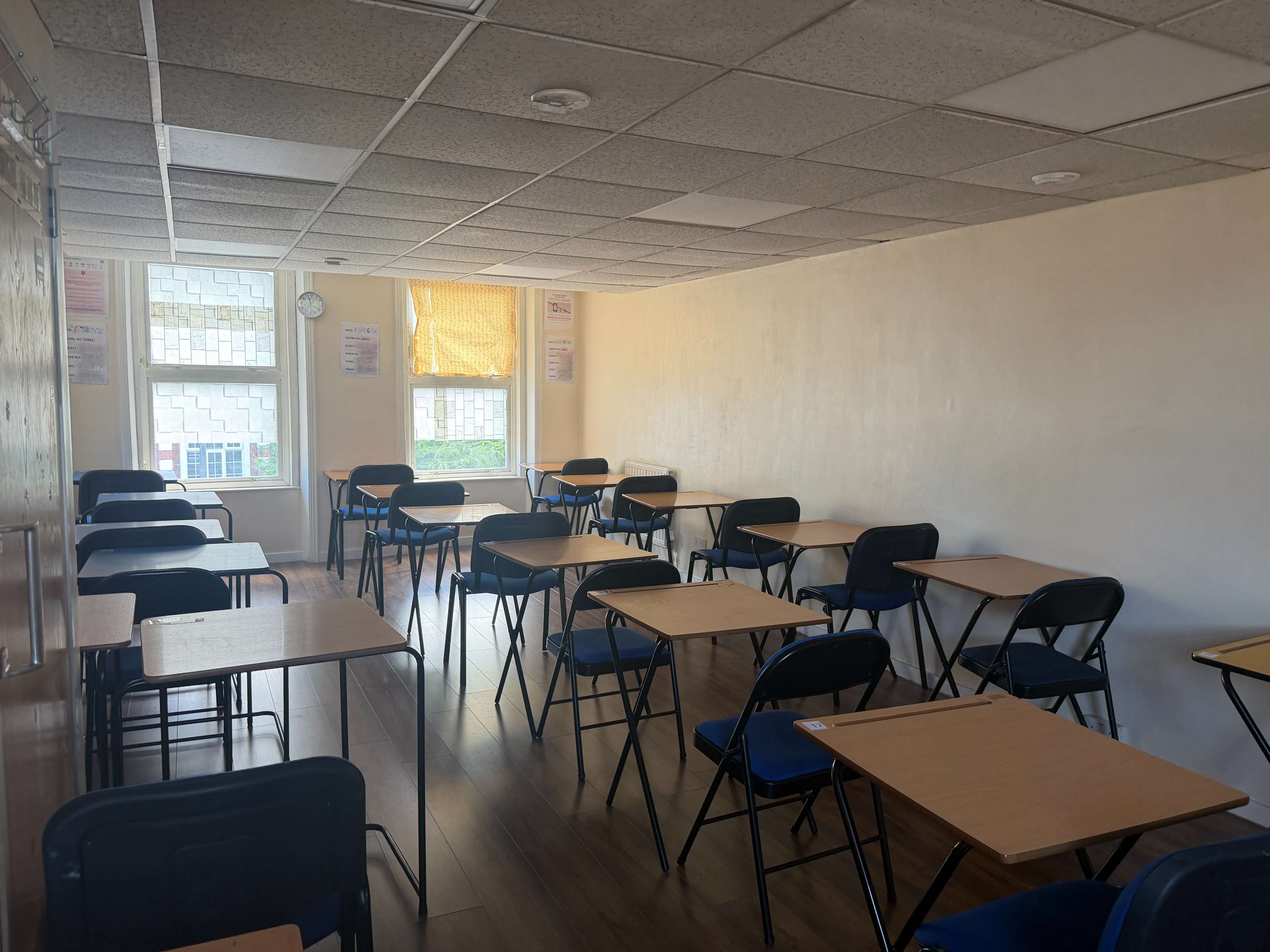 Wide view of Study Room 2, Walworth — classroom-style desk and chair layout with natural daylight