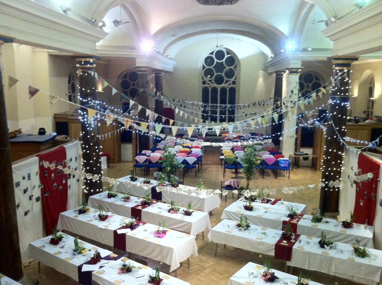 St Matthias Church Hall decorated with bunting and festive table settings, highlighting the adaptable nature of this characterful London event space f