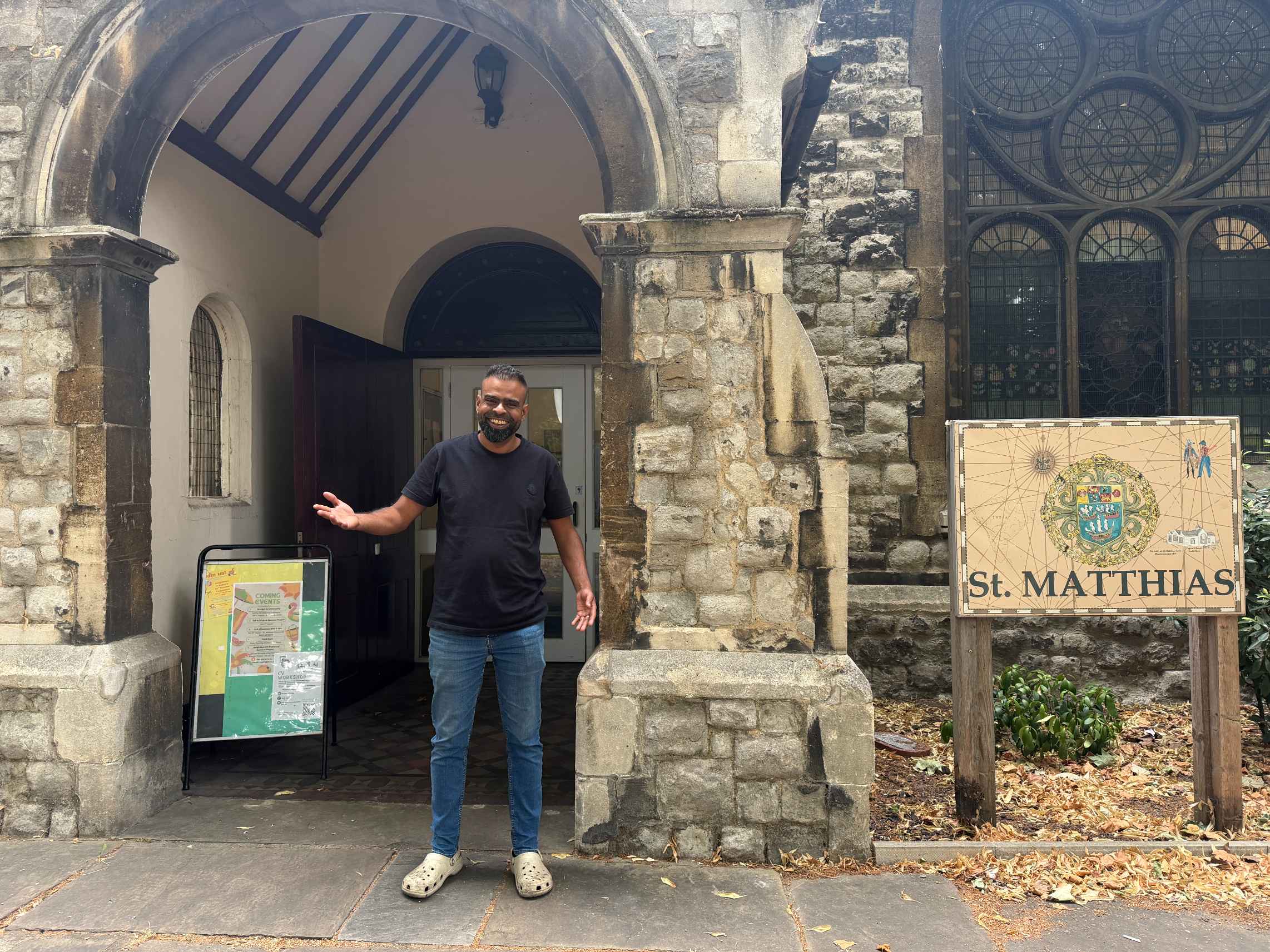 The stone entrance and exterior archway of St Matthias Church Hall in London, welcoming guests into this historic venue available for hire for wedding
