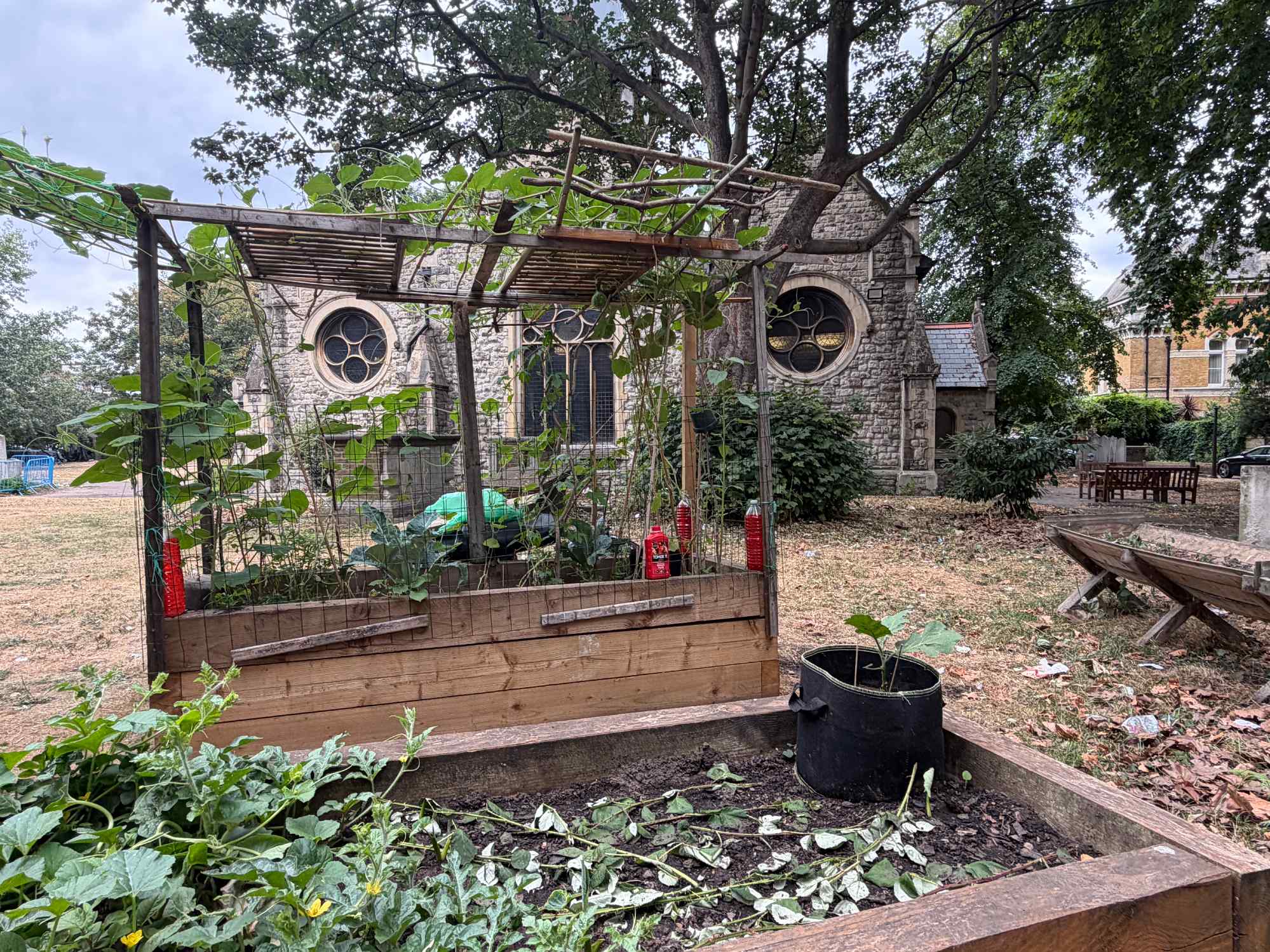 A lush courtyard garden surrounds St Matthias Church Hall, offering a peaceful outdoor space for guests to enjoy during events at this unique historic