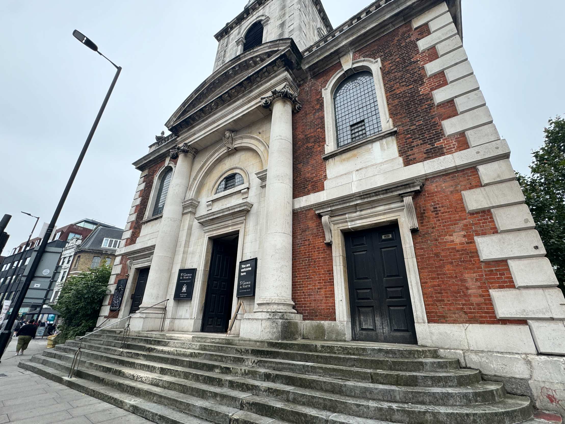 Front view of St George The Martyr Church on Borough High Street, a grand 18th-century venue for 306 guests