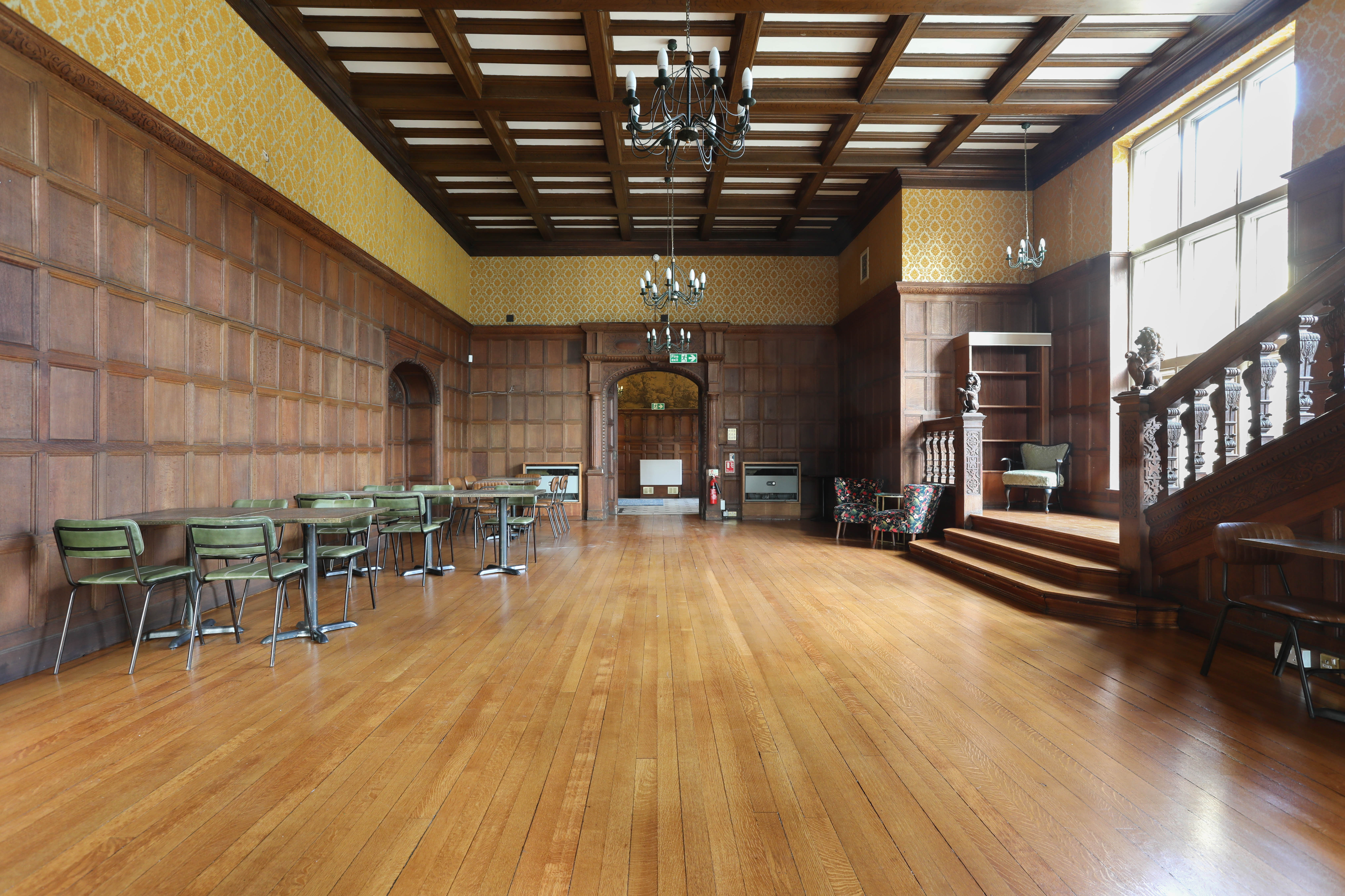 Spacious view of The Grand Hall in Dulwich with elegant high ceilings, ideal for events up to 120 guests